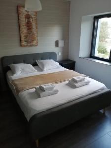 圣马洛Maison toute équipée 3 chambres avec jardin calme et Spa的一间卧室配有一张大床和毛巾