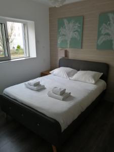 圣马洛Maison toute équipée 3 chambres avec jardin calme et Spa的一间卧室配有一张床,上面有两条毛巾