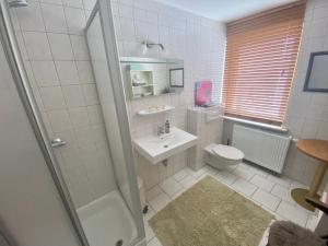 GroßbreitenbachFeWo hohetanne1的浴室配有卫生间、盥洗盆和淋浴。