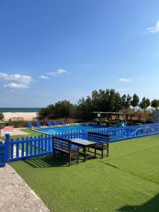 阿夏尔奇亚Al-Ashkhara Beach Resort منتجع شاطئ الأشخرة的蓝 ⁇ 旁的野餐桌和长凳