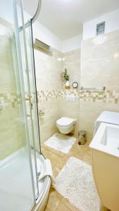 扎达尔Noemi Apartment的带淋浴、卫生间和盥洗盆的浴室