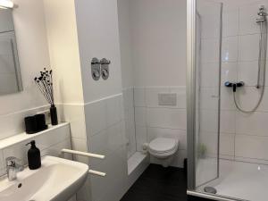布克斯泰胡德Apartmenthaus Buxtehude St -Petri-Platz Studiowohnung 3的带淋浴、卫生间和盥洗盆的浴室
