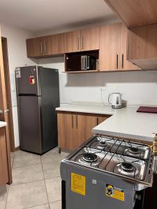 塔尔卡Casa Sector Oriente Talca的厨房配有炉灶和不锈钢冰箱。