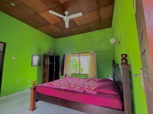 帕洋安bucu hidden guest house, and meditation center的绿色卧室配有一张带吊扇的床
