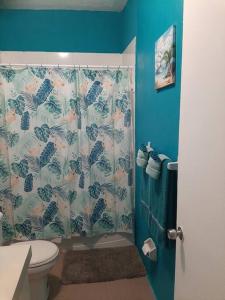 拿骚Seashells的浴室配有带卫生间的淋浴帘