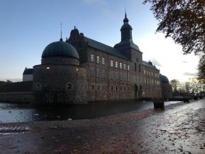 瓦斯泰纳Vadstena centrum的一座大型砖砌建筑,前面有一个池塘