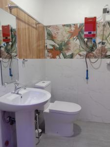 爱妮岛KIMURA PENSION的一间带水槽、卫生间和镜子的浴室