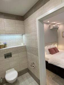 大特尔诺沃GUEST ROOMS ASENEVTSI CITY CENTER的带淋浴和卫生间的浴室以及1张床。