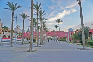 赫尔格达New cozy apt. on the promenade的一条棕榈树和粉红色建筑林立的街道