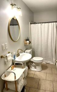 纳什维尔Great Apartment in WeHo的一间带水槽、卫生间和镜子的浴室
