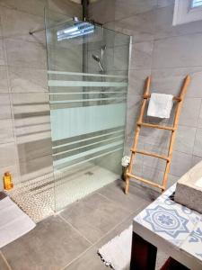 勒拉芒坦villa La Mérédith的浴室设有玻璃淋浴间和梯子