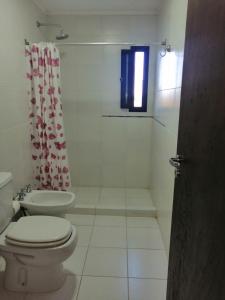 圣萨尔瓦多德朱LAYUN.ALOJAMIENTO的一间带卫生间和淋浴帘的浴室