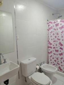 圣萨尔瓦多德朱LAYUN.ALOJAMIENTO的浴室设有卫生间、水槽和淋浴帘