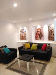 西迪·布·赛义德Cosy Appartement in "Sidi Bou Said"的客厅配有黑色沙发和色彩缤纷的枕头。
