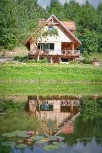 Małe LeżnoUroczysko Leźno的前面有池塘的房子