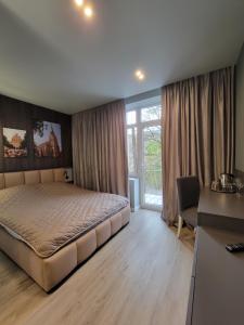 切尔诺夫策Czernowitz Deluxe Apartments的一间卧室配有一张床、一张书桌和一个窗户。