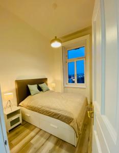 布达佩斯Danube Panorama apartments的一间小卧室,配有床和窗户
