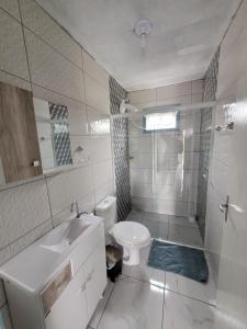 拉古纳Casa temporada praia da galheta 3的浴室配有卫生间、盥洗盆和淋浴。