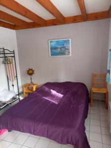 莱马特Talaris La Palmyre的一间卧室,在房间内配有一张紫色的床