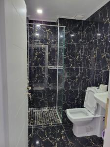 卡萨米尔Vila Chelsea的黑色瓷砖浴室设有卫生间和水槽