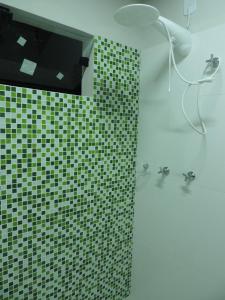 库尼亚Pousada Vale do Parque的带淋浴的浴室和绿色瓷砖墙