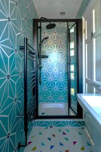 伯青顿Twentieth Century B&B的浴室设有蓝色和白色瓷砖淋浴。