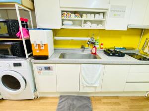 首尔首尔站阿罗哈旅馆的厨房配有水槽和洗衣机