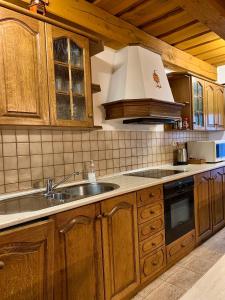 米库洛夫VIP MiKU apartman 2的一个带木制橱柜和水槽的厨房