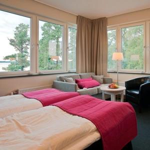 HörbyRingsjöstrand Hotel的一间带大床的卧室和一间客厅