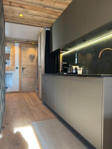 代米考迪亚Studio Chalet des Pistes Megève的厨房配有灰色橱柜和台面