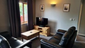 布里奇沃特Chestnut Lodge, Summerhayes的客厅配有皮革家具和平面电视