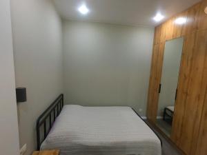 阿斯塔纳Rechnaya的一间小卧室,配有一张床和一扇木门