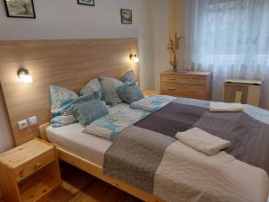 布达佩斯Budaiapertment的一间卧室配有一张带蓝色枕头的大床