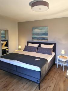 巴登韦勒纽恩菲尔斯酒店的一间卧室配有一张大床和蓝色床头板