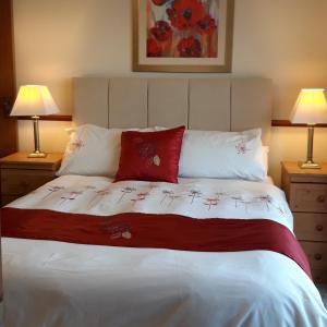 GrangeArmada Lodge Seashore Holiday Apartment的一间卧室配有一张带红色枕头的床和两盏灯。