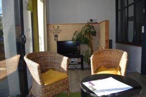武夫赖佩蒂特科特度假屋的客厅配有两把椅子、一张桌子和电视