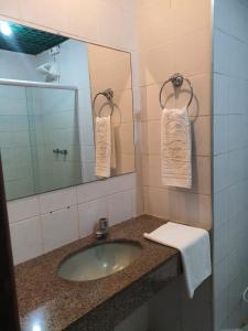 波托德索比萨维皮河口生态酒店的浴室配有盥洗盆、镜子和毛巾