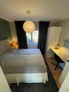 乌普萨拉Small house Uppsala的一间卧室配有一张床、一张书桌和一个窗户。