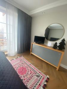 BaliceKraków Green Hill Luxury Apartment的客厅配有镜子和地毯