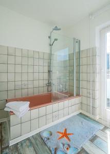 孔茨Park Hotel的带淋浴的浴室和地板上的海星