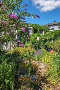 孔茨Park Hotel的种有紫色花卉和池塘的花园