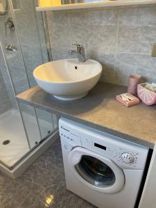 圣佩莱格里诺温泉San Pellegrino Solarium Apartment的一间带水槽和洗衣机的浴室