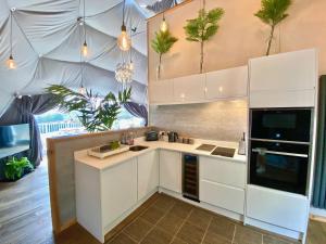 普里茅斯Sunridge Geodome with private Hot tub的厨房配有白色橱柜和盆栽植物