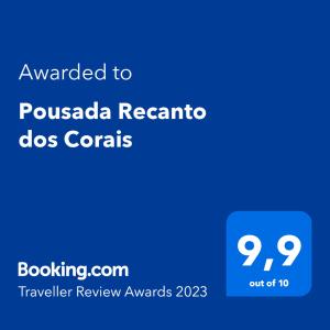 Pousada Recanto dos Corais的证书、奖牌、标识或其他文件