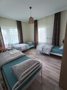 安卡拉Deeps Hostel Ankara 2的一间卧室设有两张床和两个窗户。