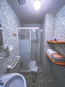 PrevaljeEco tourist farm Mikl的带淋浴、盥洗盆和卫生间的浴室