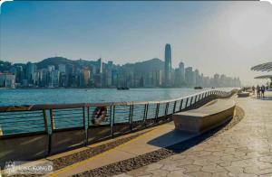 香港利園賓館的城市水体旁边的长凳