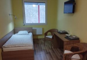 HolíčGAS Truck centrum的客房设有床、书桌和窗户。