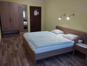HolíčGAS Truck centrum的卧室配有1张床、1张桌子和1把椅子