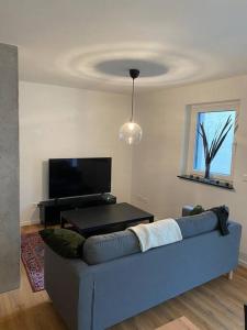 吉森3-Zimmer Wohnung mit Top Lage的客厅配有蓝色的沙发和电视